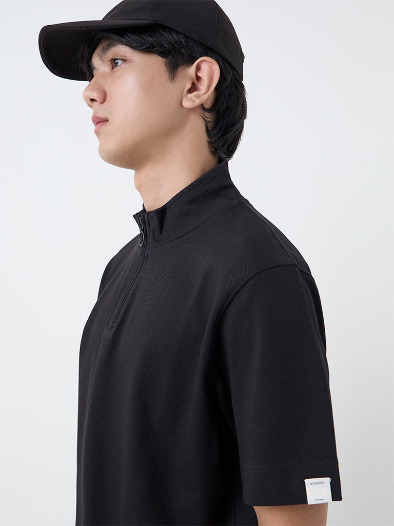 Studiofit Black Slim-Fit Quarter-Zip T-Shirt