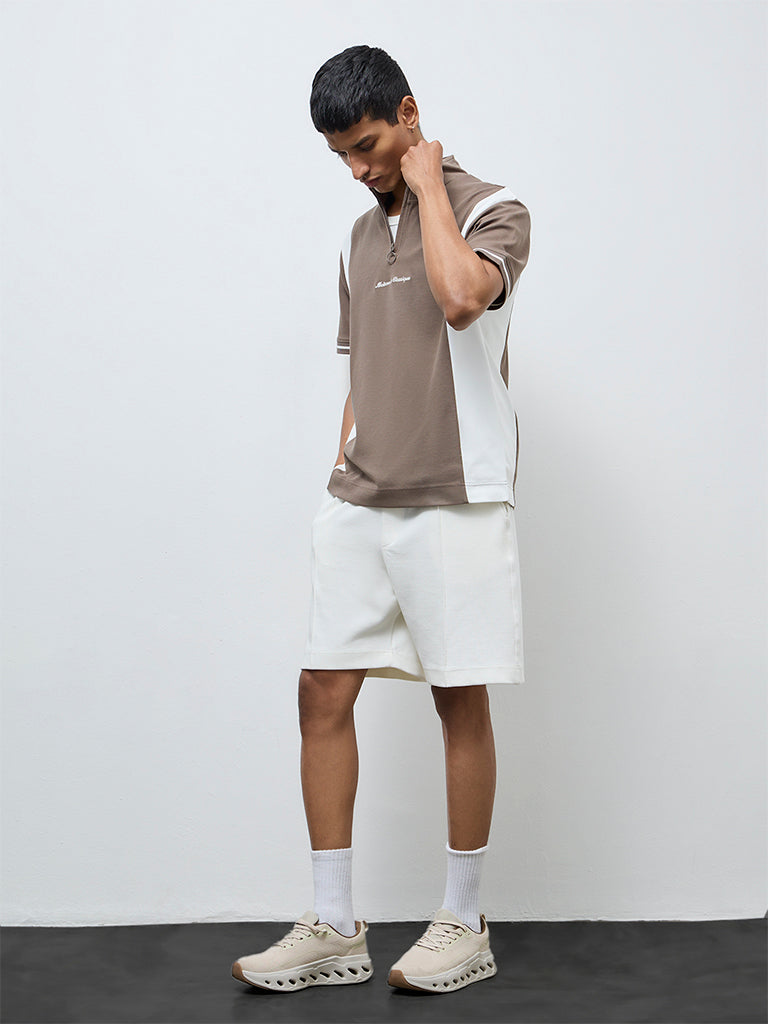 Studiofit Brown Text Design Quarter-Zip Slim-Fit Cotton-Blend T-Shirt