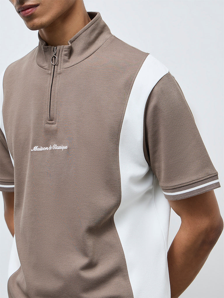 Studiofit Brown Text Design Quarter-Zip Slim-Fit Cotton-Blend T-Shirt