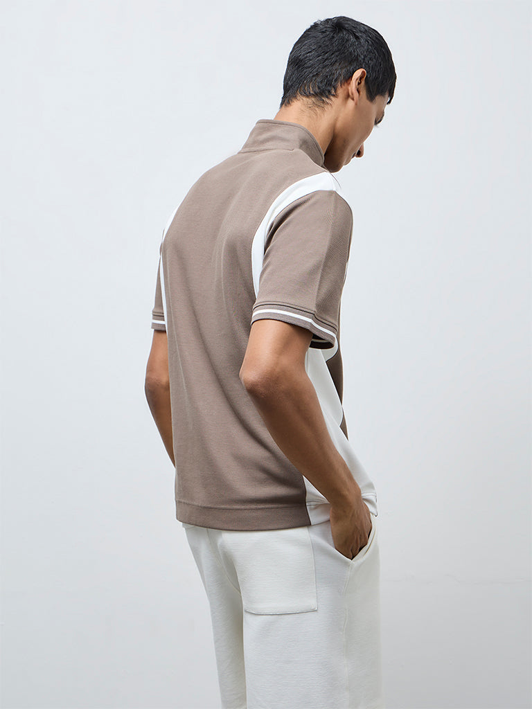 Studiofit Brown Text Design Quarter-Zip Slim-Fit Cotton-Blend T-Shirt