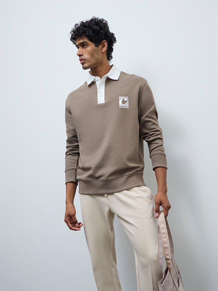 Nuoflexx Taupe Text Detailed Relaxed-Fit Polo T-Shirt