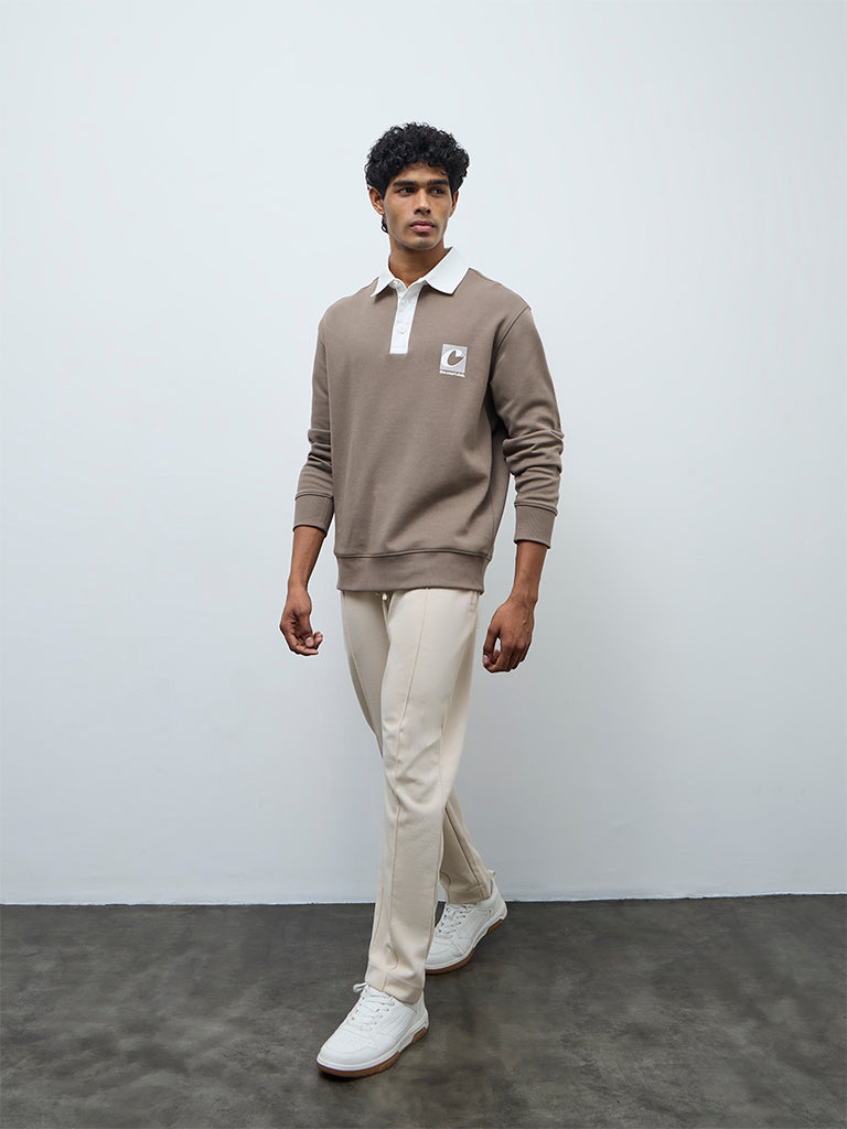 Nuoflexx Taupe Text Detailed Relaxed-Fit Polo T-Shirt