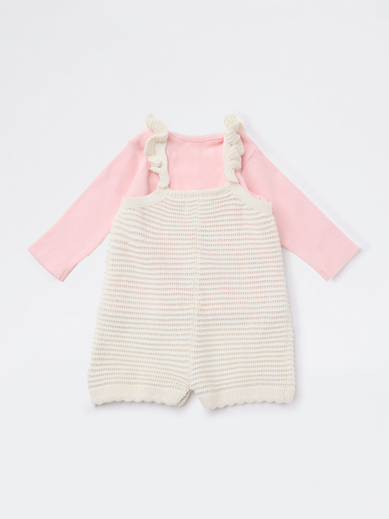HOP Baby Girls Off-White Crochet Knit Cotton T-Shirt and Dungaree Set