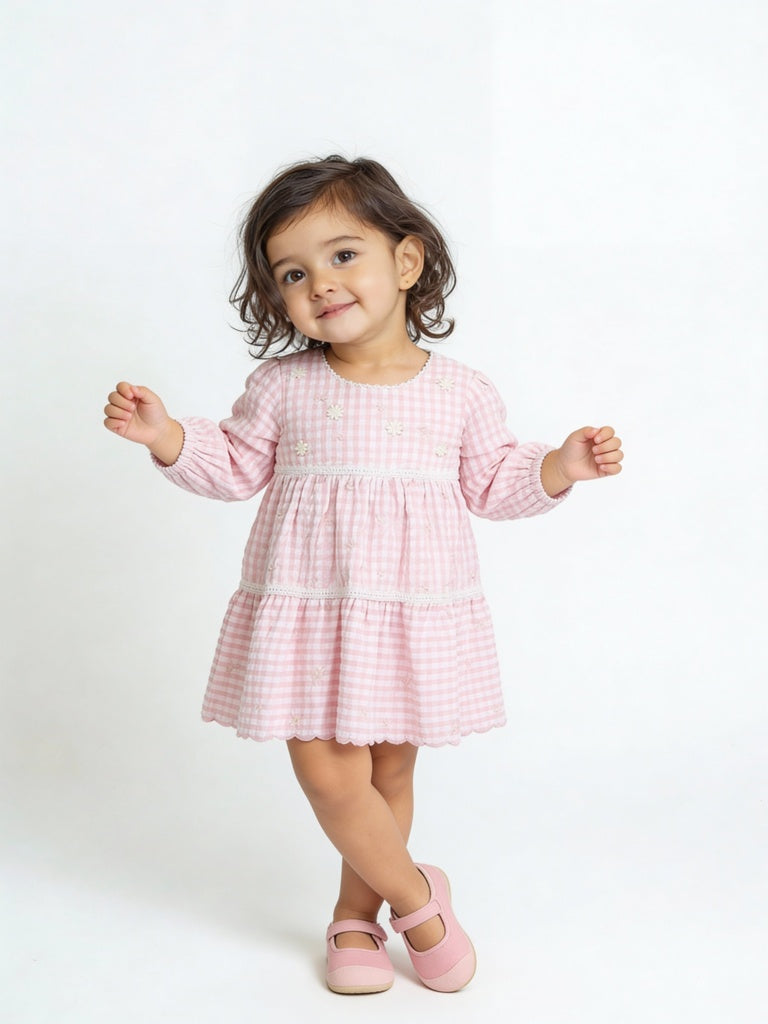 HOP Baby Girls Pink Checkered Tiered Cotton Dress