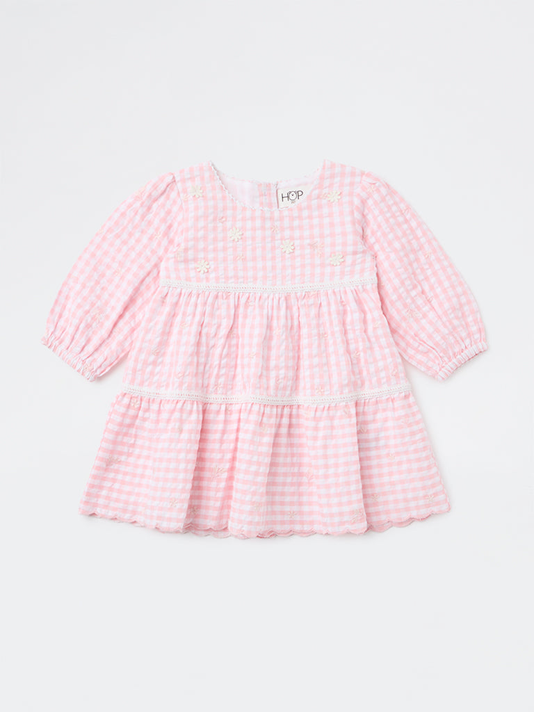 HOP Baby Girls Pink Checkered Tiered Cotton Dress