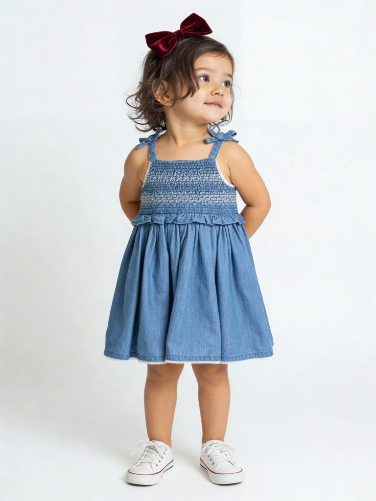 HOP Baby Girls Blue Smocked A-Line Cotton Dress