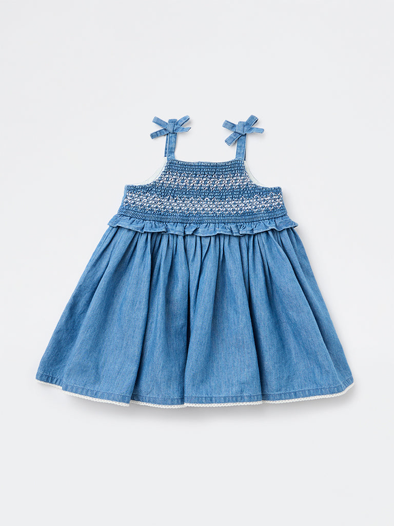 HOP Baby Girls Blue Smocked A-Line Cotton Dress