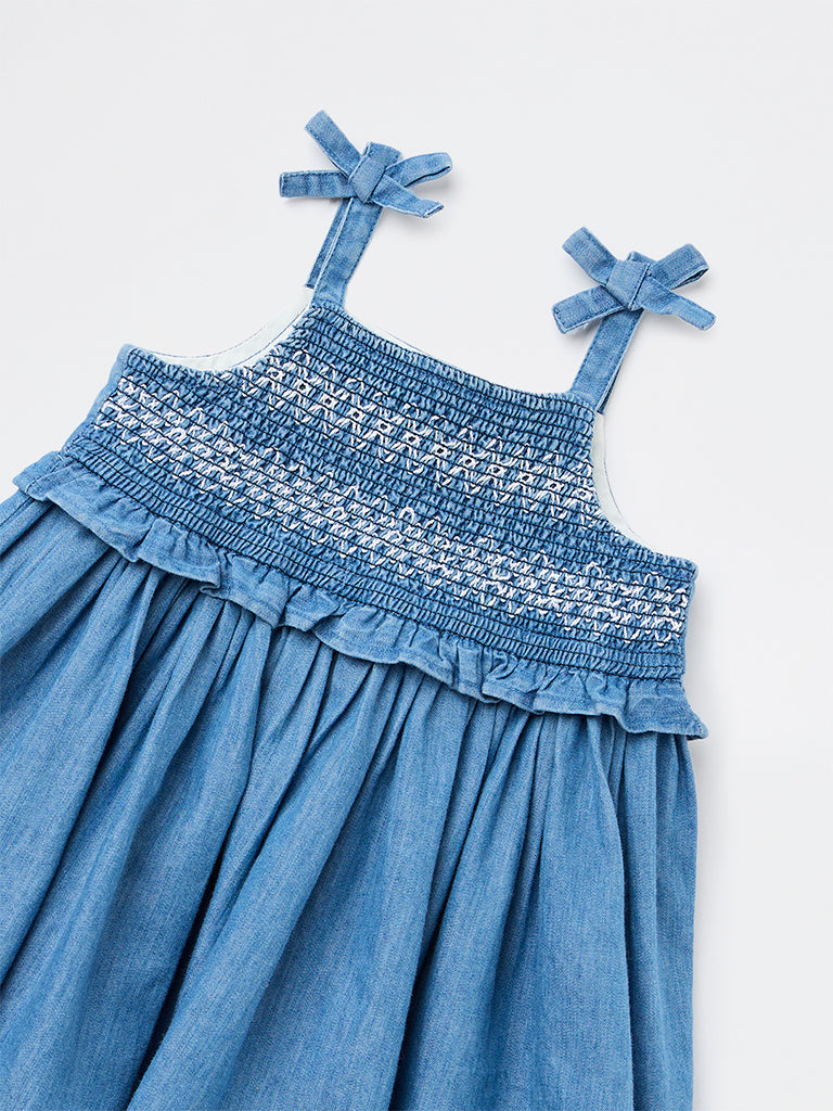 HOP Baby Girls Blue Smocked A-Line Cotton Dress