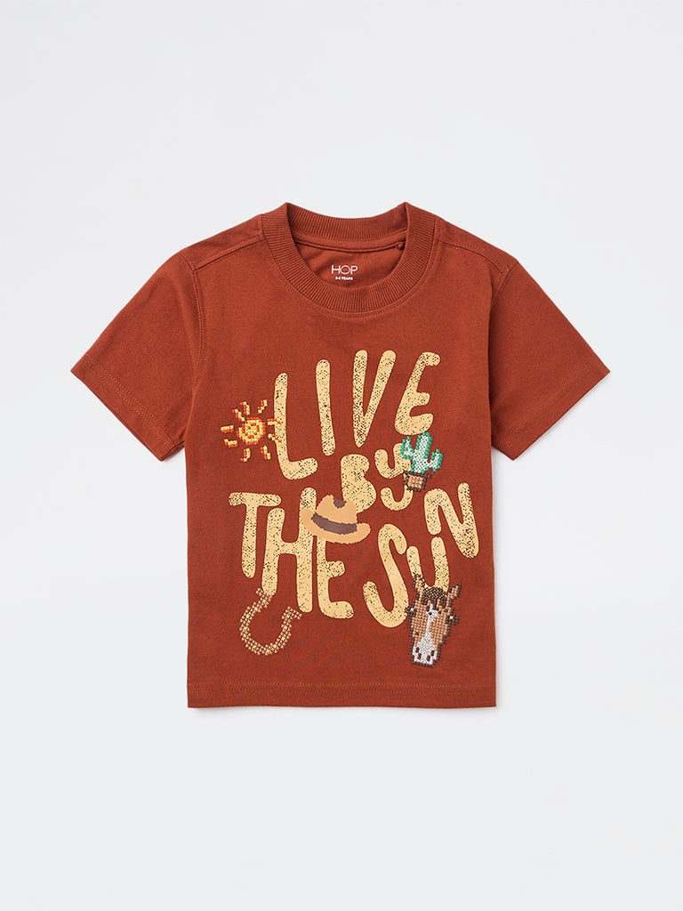 HOP Kids Boys Rust Text Pattern Cotton T-Shirt