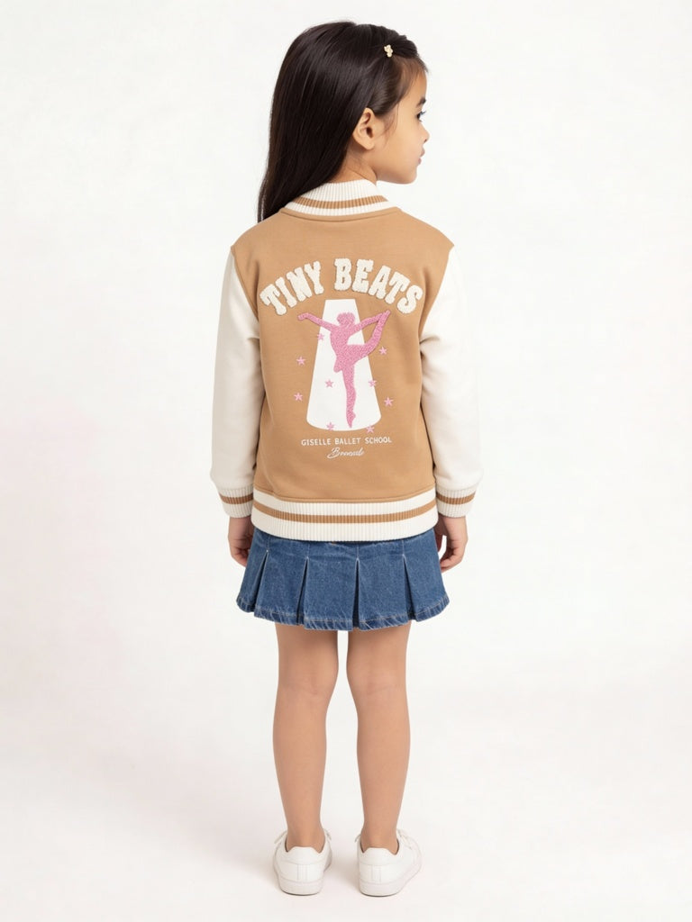HOP Kids Girls Brown and Off-White Cotton-Blend Bomber Jacket