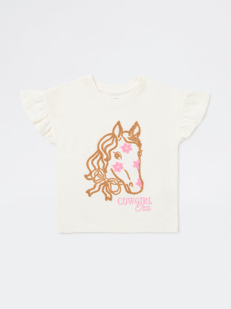 HOP Kids Girls Off-White Embroidered Cotton Top