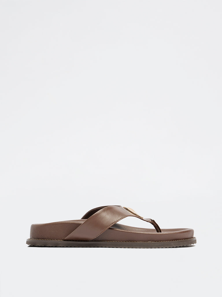 LUNA BLU Brown Metal-Detail Thong Strap Sandals