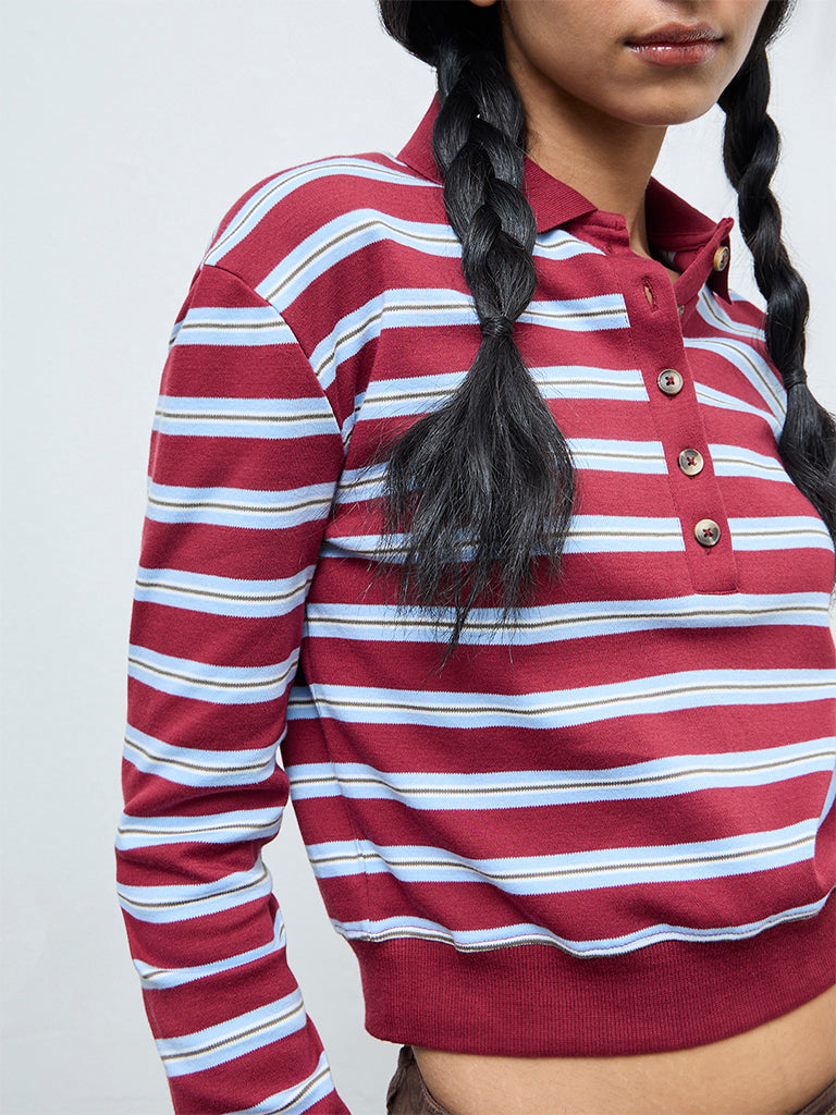 Nuon Maroon Striped Cotton T-Shirt