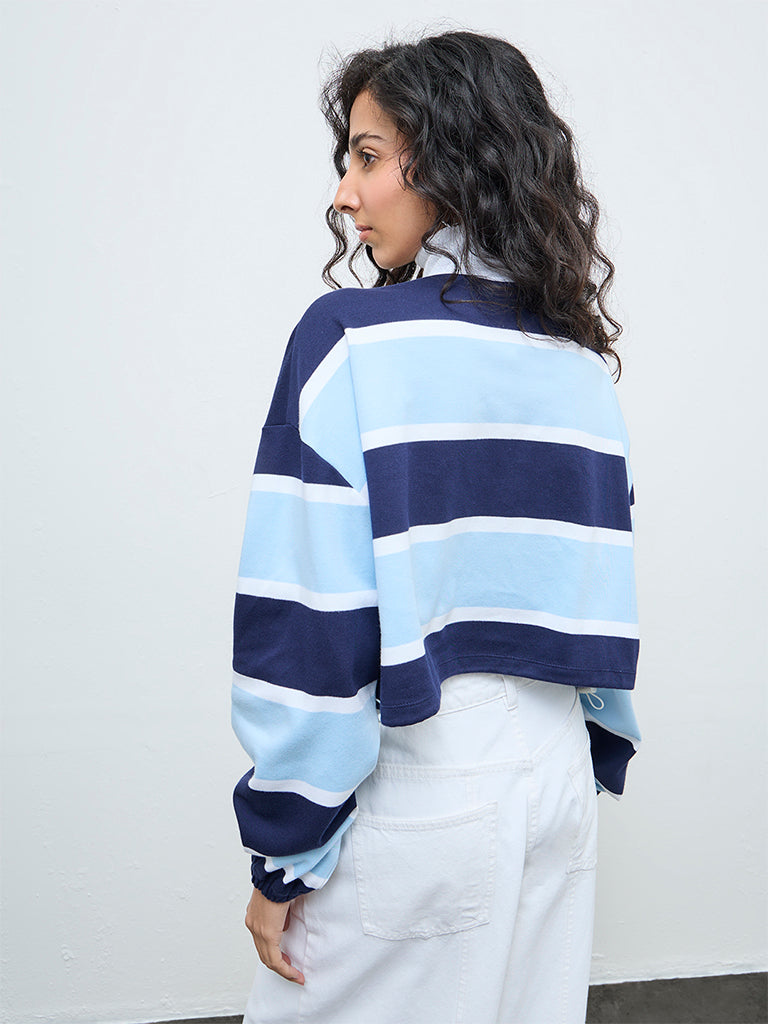 Nuon Blue Striped Quarter-Zip Cotton T-Shirt