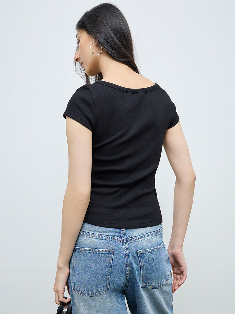 Nuon Black Textured Cotton-Blend T-Shirt