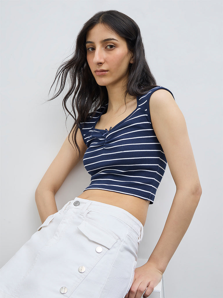 Nuon Navy Striped Cotton-Blend Top
