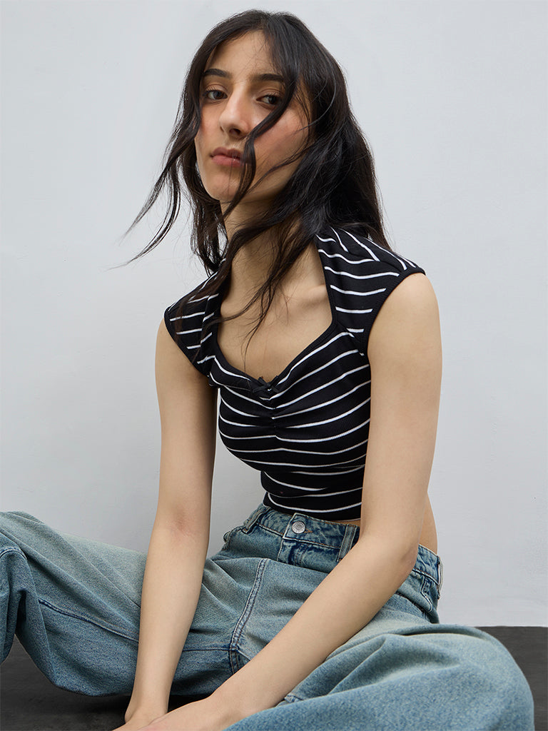 Nuon Black Stripe Pattern Cotton-Blend Top