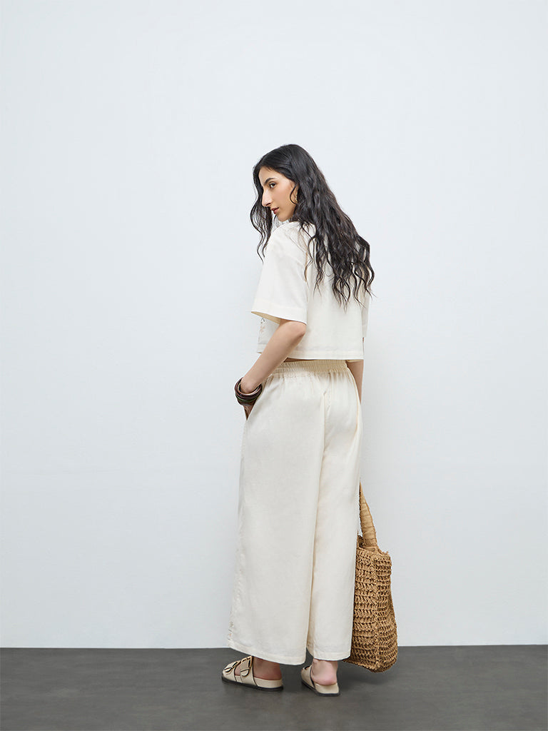 Bombay Paisley Off-White Embroidered Cotton-Blend Pants