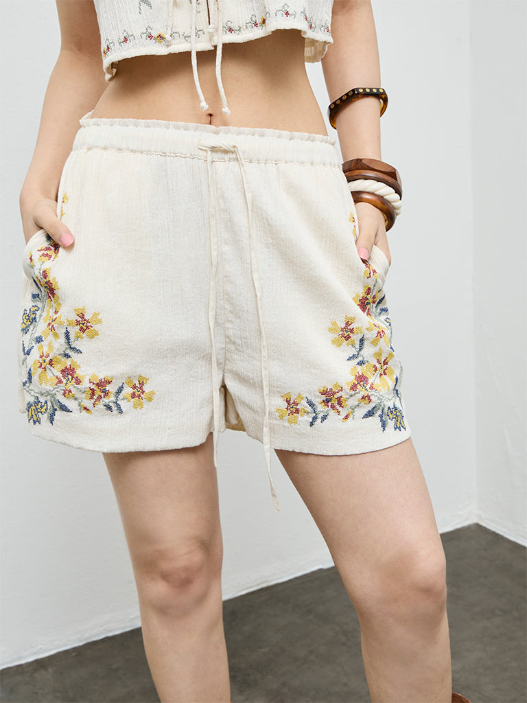 Bombay Paisley Off-White Floral Embroidered Cotton Shorts
