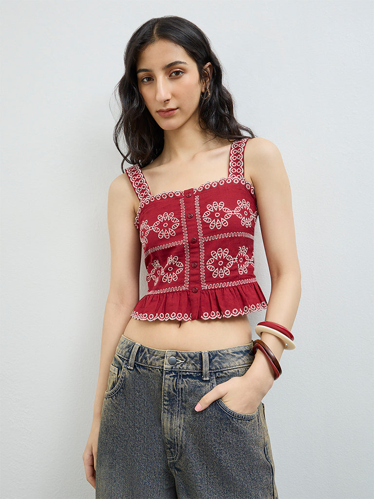 Bombay Paisley Red Embroidered Cotton-Blend Top