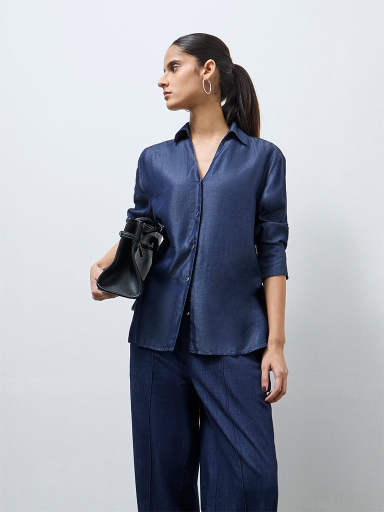 Wardrobe Indigo Solid Cotton Blouse