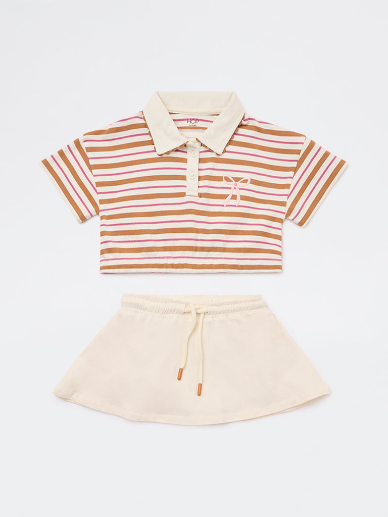 HOP Kids Girls Tan Striped Cotton Polo T-Shirt with Skirt