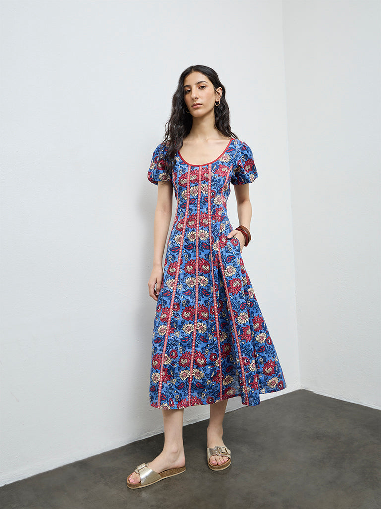 Bombay Paisley Blue Floral Cotton-Blend A-Line Dress