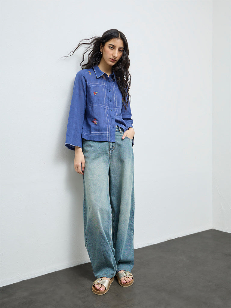 Bombay Paisley Blue Floral Embroidered Cotton Shirt