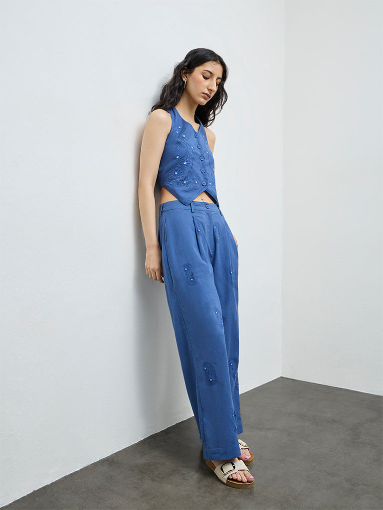 Bombay Paisley Blue Embroidered Cotton-Blend Waistcoat Top