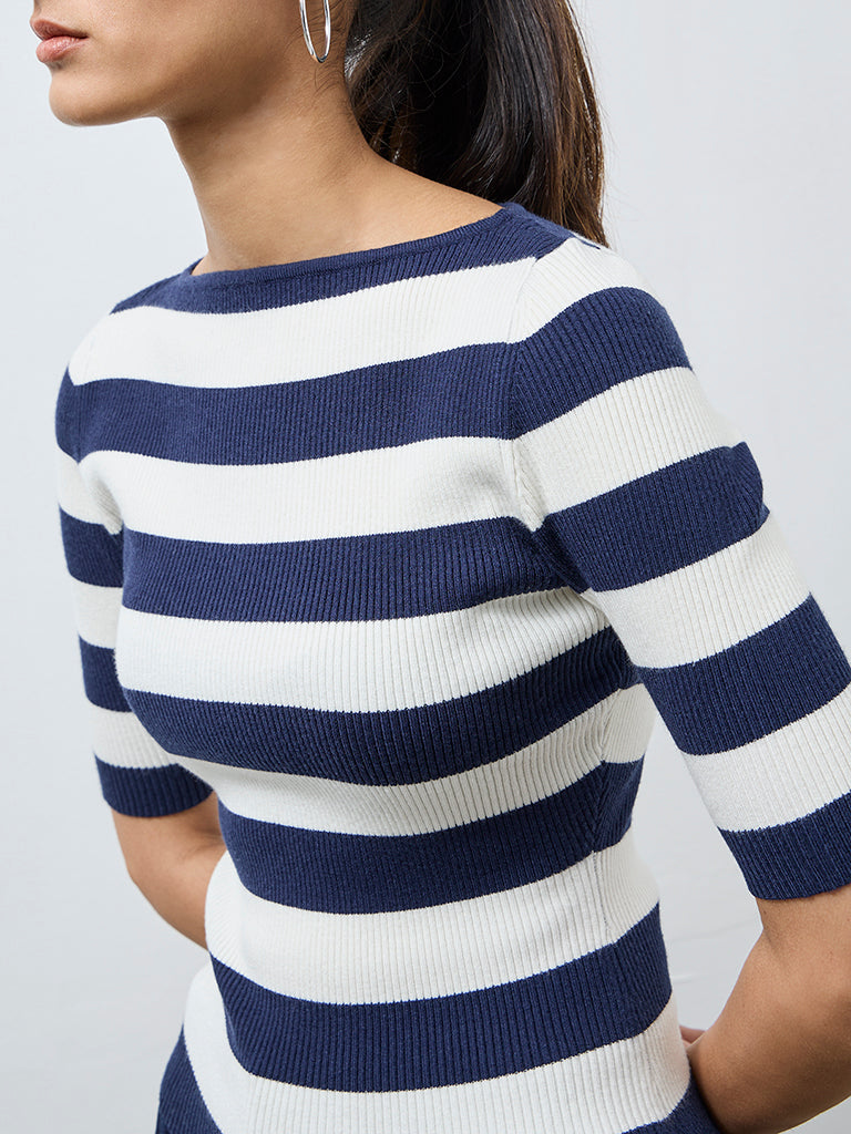 Wardrobe Dark Blue Stripe Printed Blouse