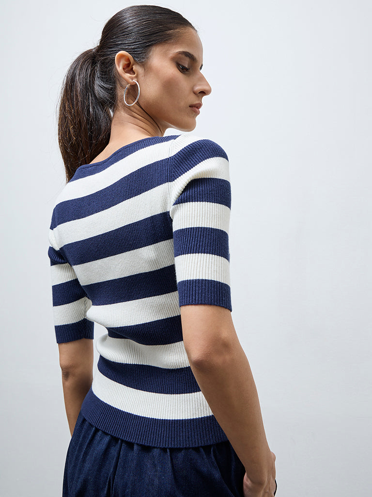 Wardrobe Dark Blue Stripe Printed Blouse
