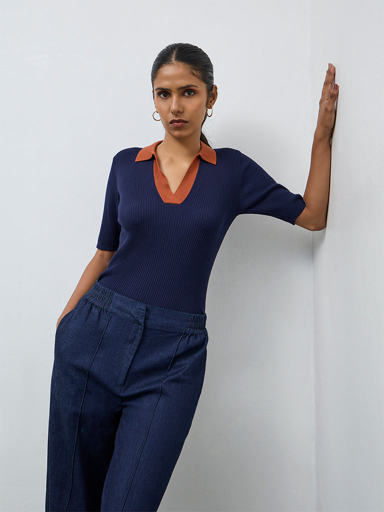 Wardrobe Navy Ribbed-Textured T-Shirt