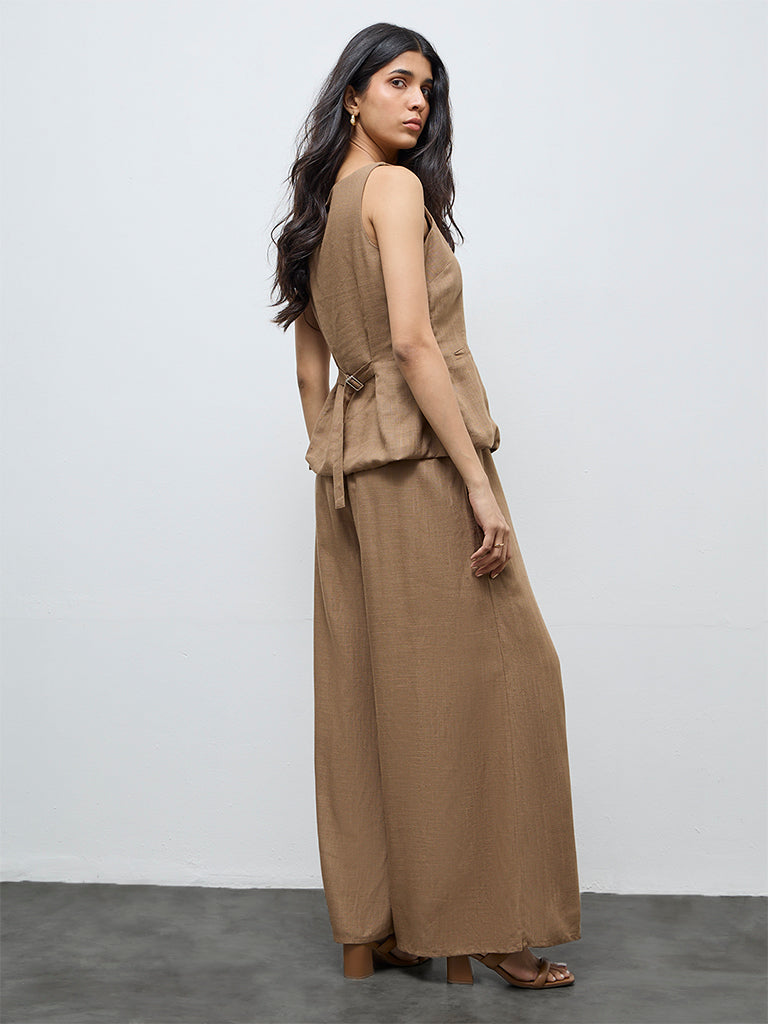 LOV Brown Solid High-Rise Cotton-Blend Pants