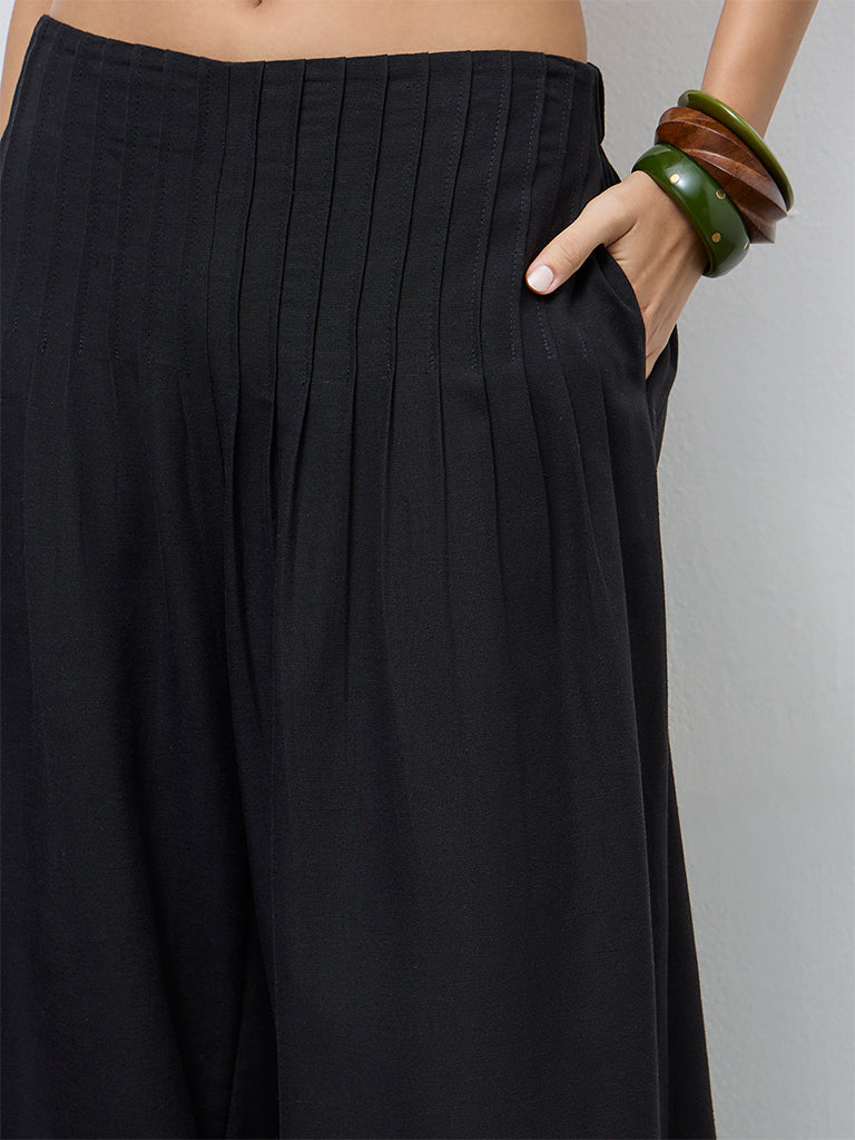 LOV Black Pintuck-Detailed High-Rise Pants