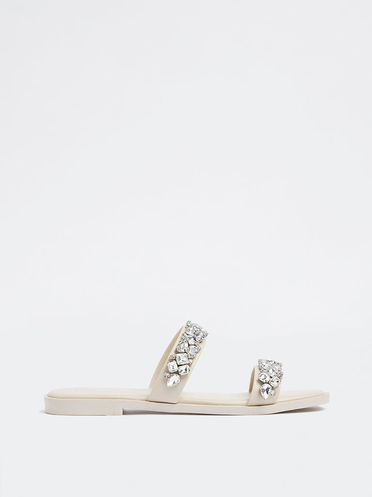 LUNA BLU Ivory Embellished Slides