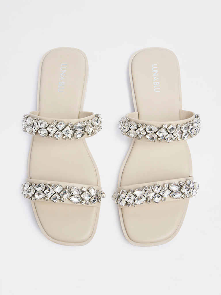LUNA BLU Ivory Embellished Slides