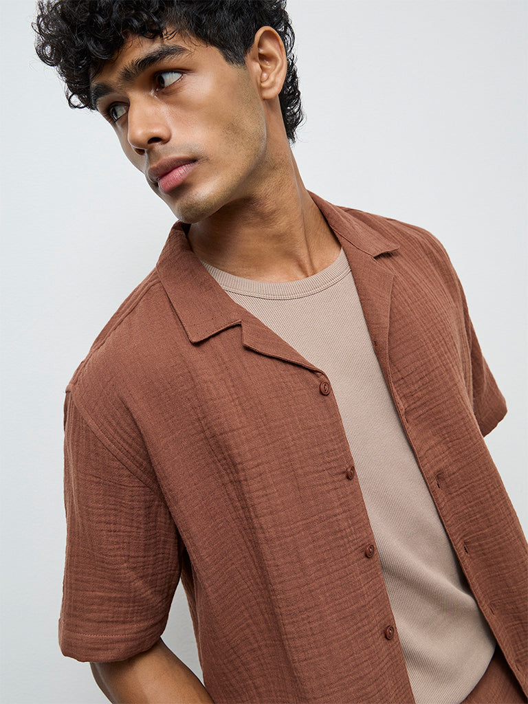 ETA Brown Crinkle-Textured Relaxed-Fit Cotton Shirt