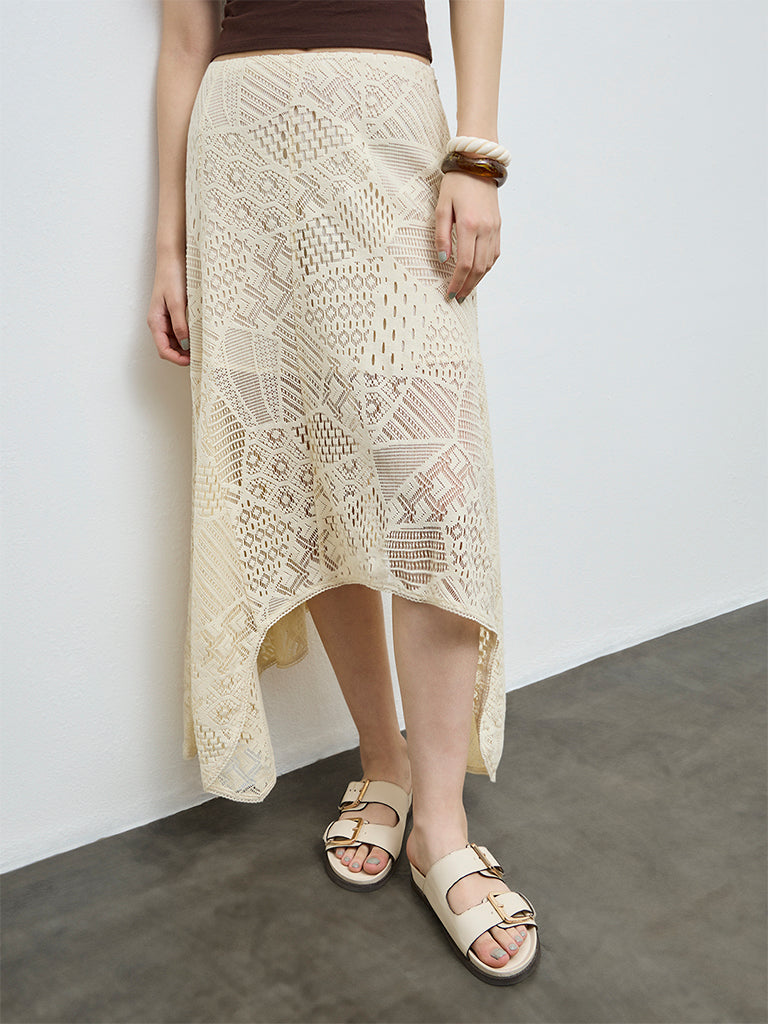 Bombay Paisley Cream Lace-Textured Cotton Skirt