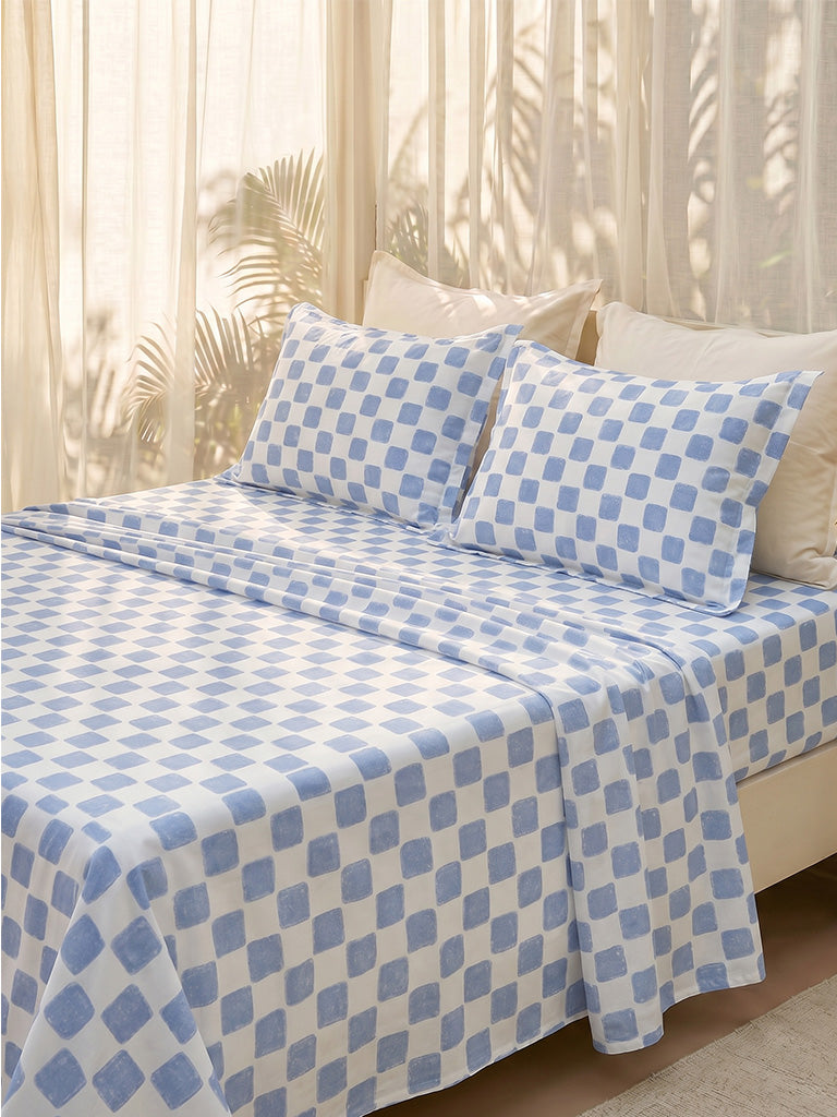 Westside Home Blue Checkered Fitted Queen Bed Sheet Set
