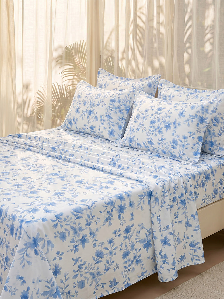 Westside Home Blue Floral Printed King Bed Sheet Set