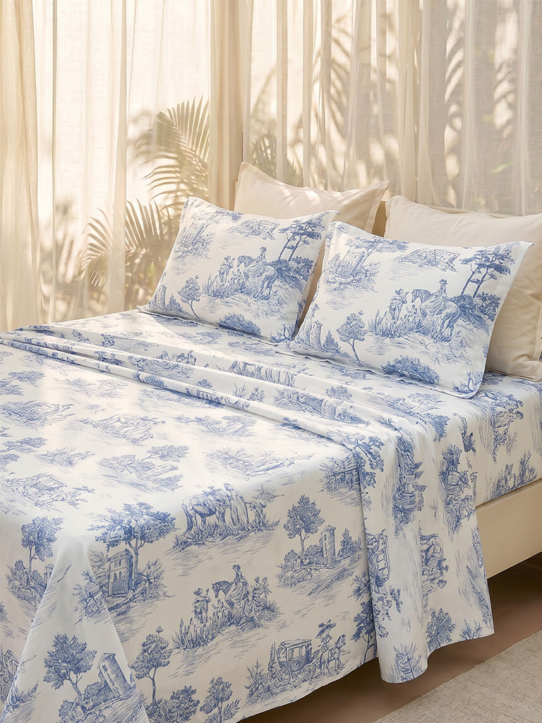 Westside Home Blue Toile Printed Queen Bed Sheet Set