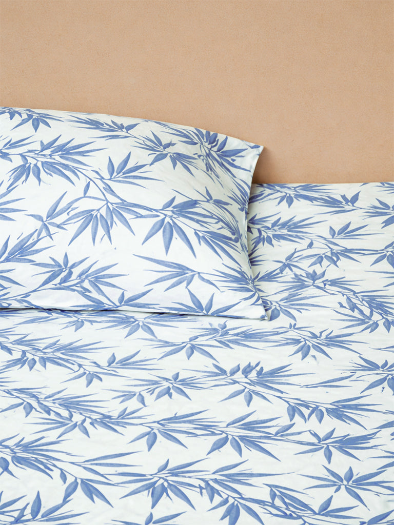 Westside Home Blue Bamboo Leaf Printed Queen Bed Sheet Set
