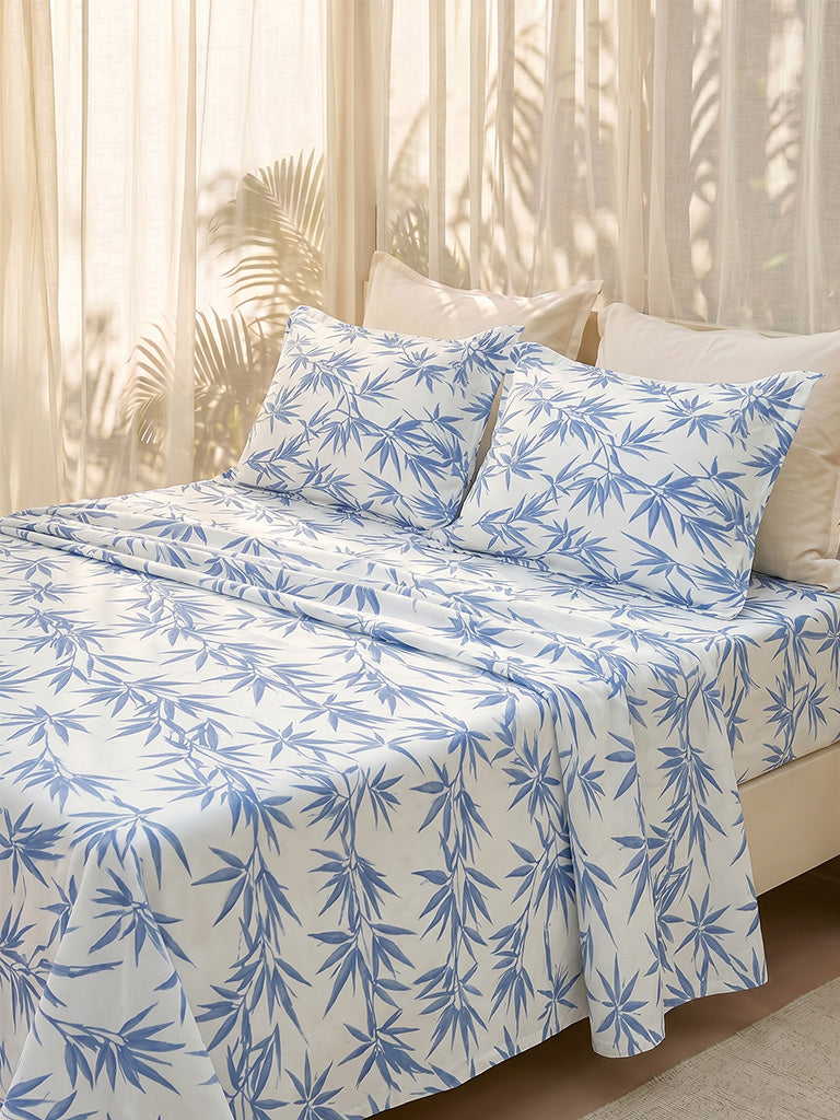 Westside Home Blue Bamboo Leaf Printed Queen Bed Sheet Set