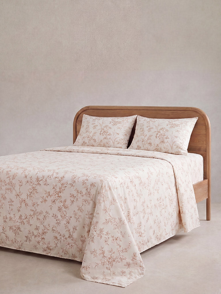 Westside Home Brown Foliage Printed Queen Bed Sheet Set