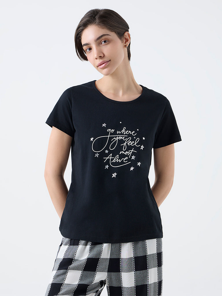 Wunderlove Black Text Detailed Cotton T-Shirt