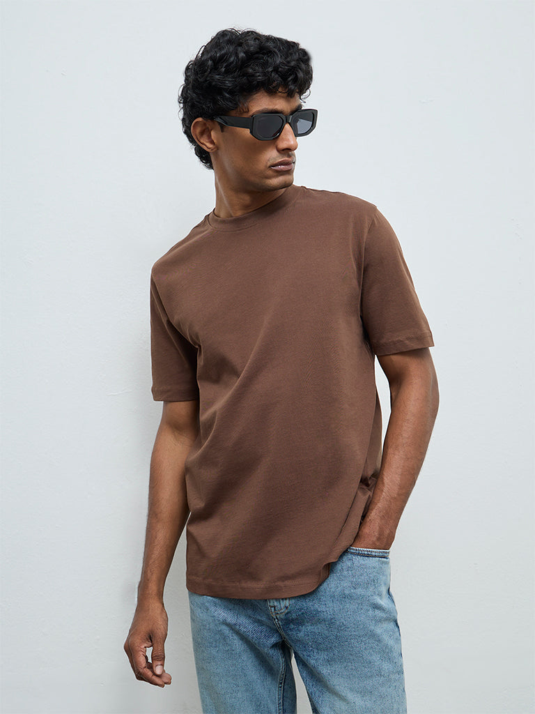 WES Casuals Dark Brown Solid Relaxed-Fit Cotton T-Shirt