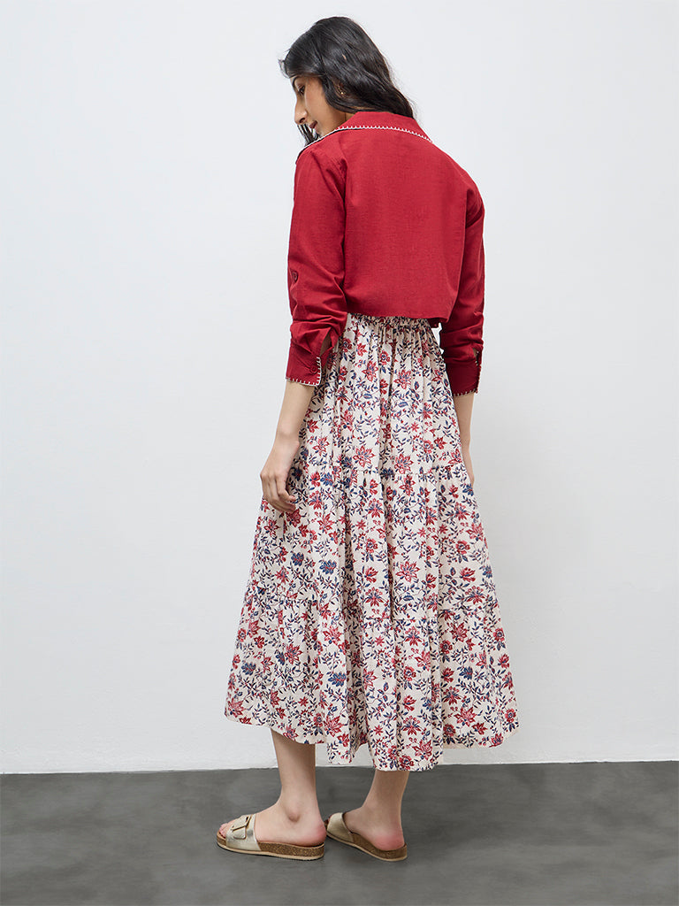 Bombay Paisley Off-White Floral Cotton Tiered Dress
