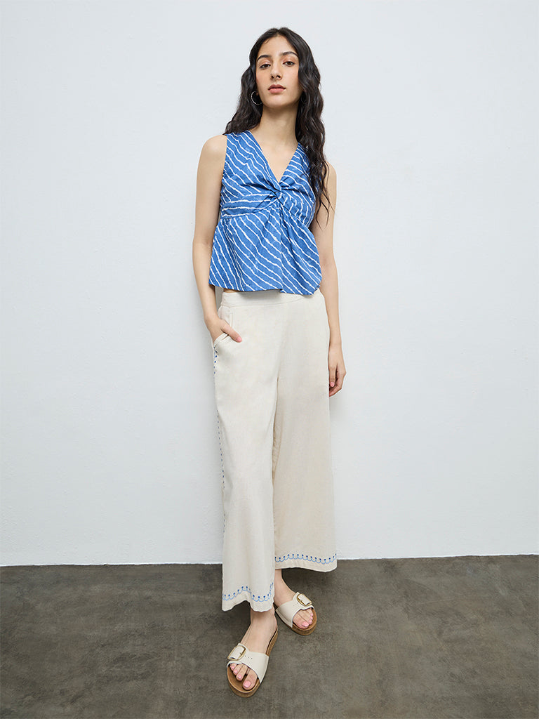 Bombay Paisley Blue Striped Cotton Peplum Top