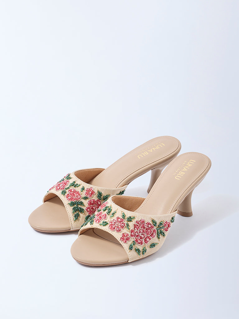 LUNA BLU Beige Floral Embroidered Heel Sandals
