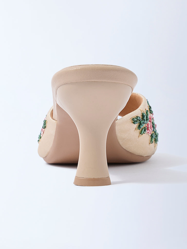 LUNA BLU Beige Floral Embroidered Heel Sandals